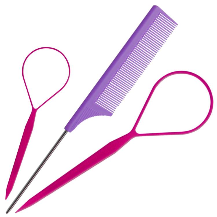 Purple highlight comb and topsy tail tool set with loop handle for hair braiding