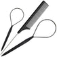 Black highlight comb and topsy tail tool set with loop handle for hair braiding