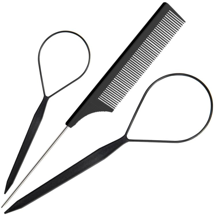 Black highlight comb and topsy tail tool set with loop handle for hair braiding