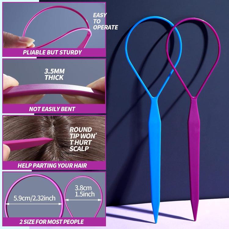 Blue and purple highlight comb and topsy tail tools set with loop handles