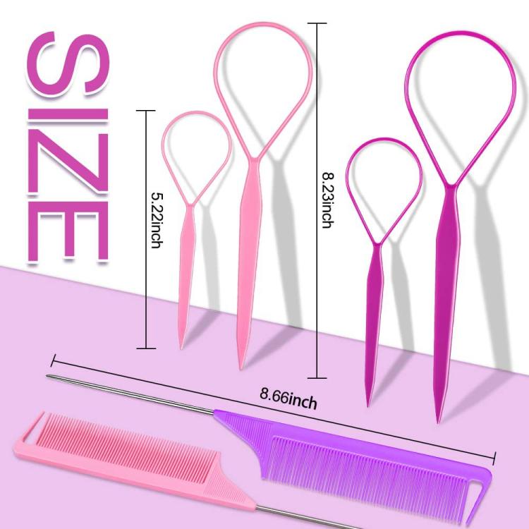 3-piece hair braiding tail tools set with pink and purple combs and hook tips