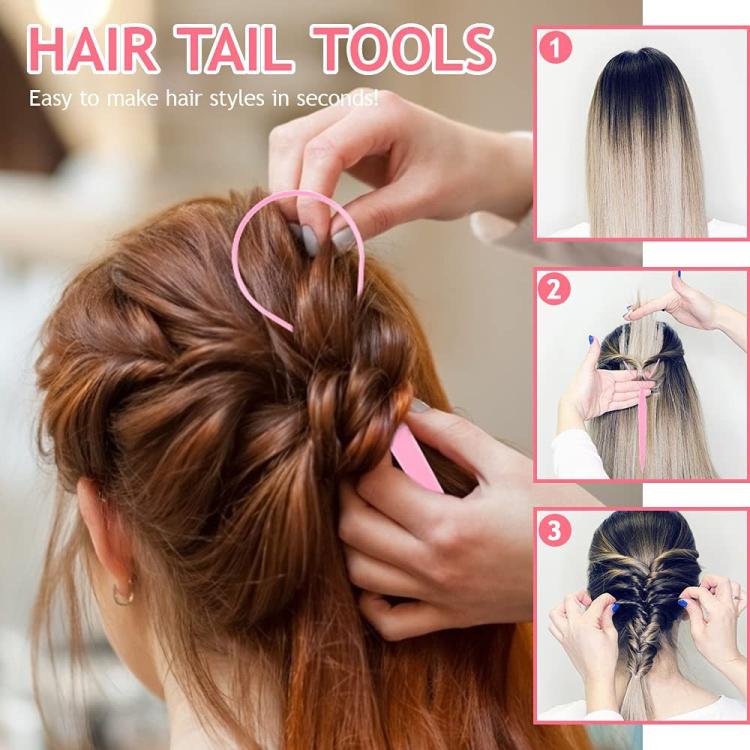 Pink hair tail styling tool used to create braided ponytails with a hook tip