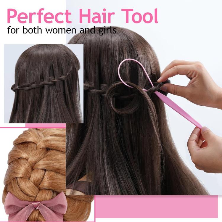 Pink hair tail tool for looping hair to form a braid or ponytail