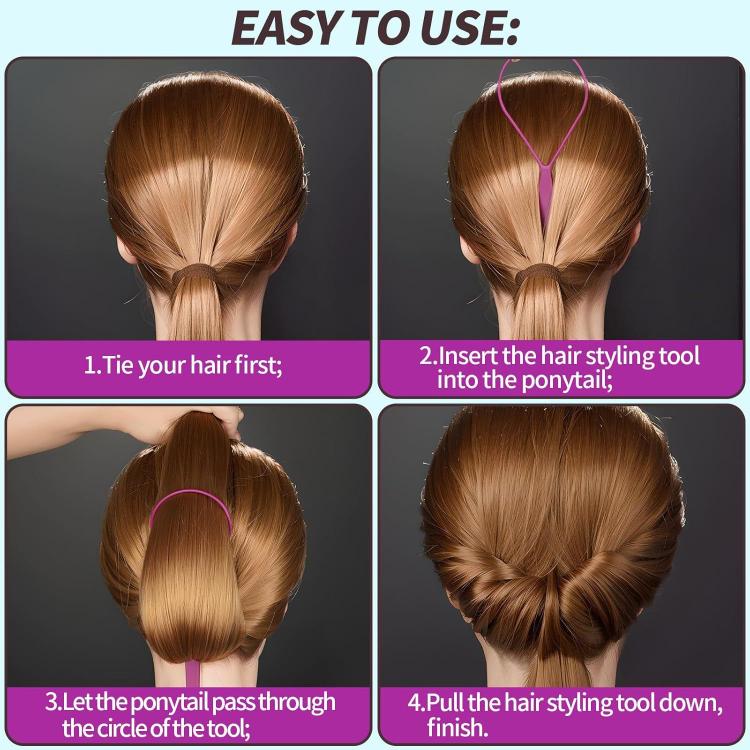 Pink hair styling tools for inserting and pulling through ponytail hairstyles