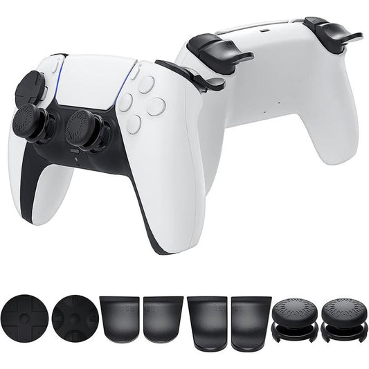 PlayStation controller accessory set with black trigger extenders and thumb grips on white pad