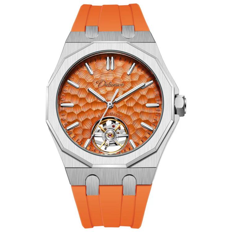 Men’s automatic skeleton watch with silver case, orange dial, orange silicone strap