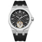 Men’s automatic skeleton watch with silver case, black dial, black silicone strap