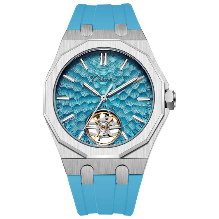 Men’s automatic skeleton watch with silver case, blue dial, blue silicone strap