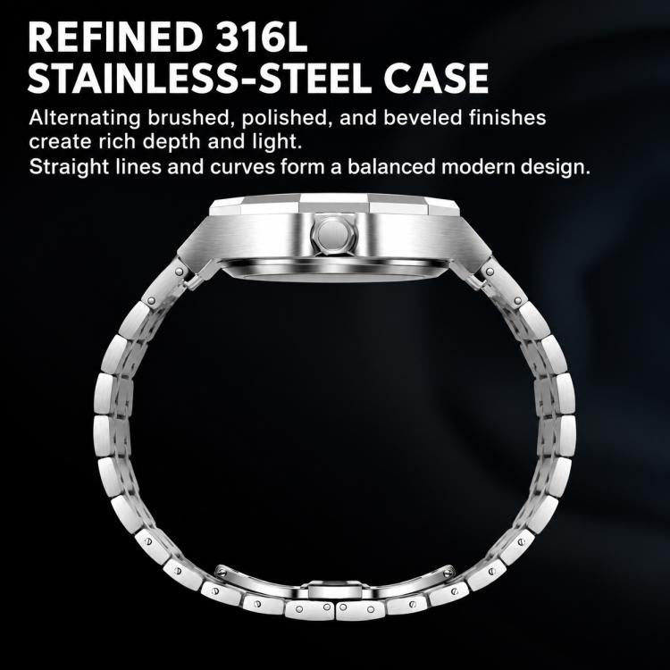 Stainless steel wristwatch case with linked metal bracelet and round crown
