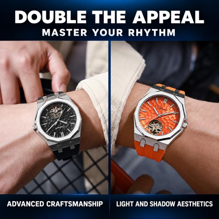 Two men’s automatic skeleton watches on wrists, black and orange silicone straps