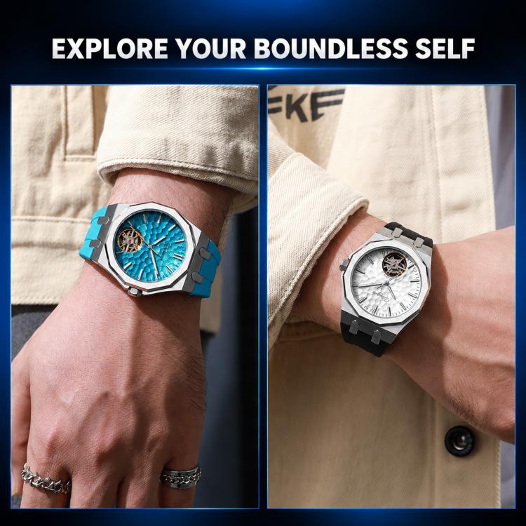 Men's skeleton tourbillon watch on wrist, showing blue and white dial options
