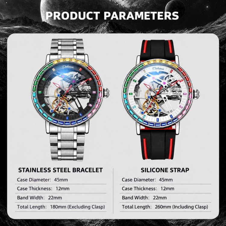 Dulunwe 6057B skeleton mechanical watch options: steel bracelet and silicone strap
