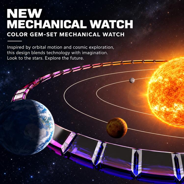 Men's automatic skeleton watch, multicolor gem bezel, rainbow-colored strap