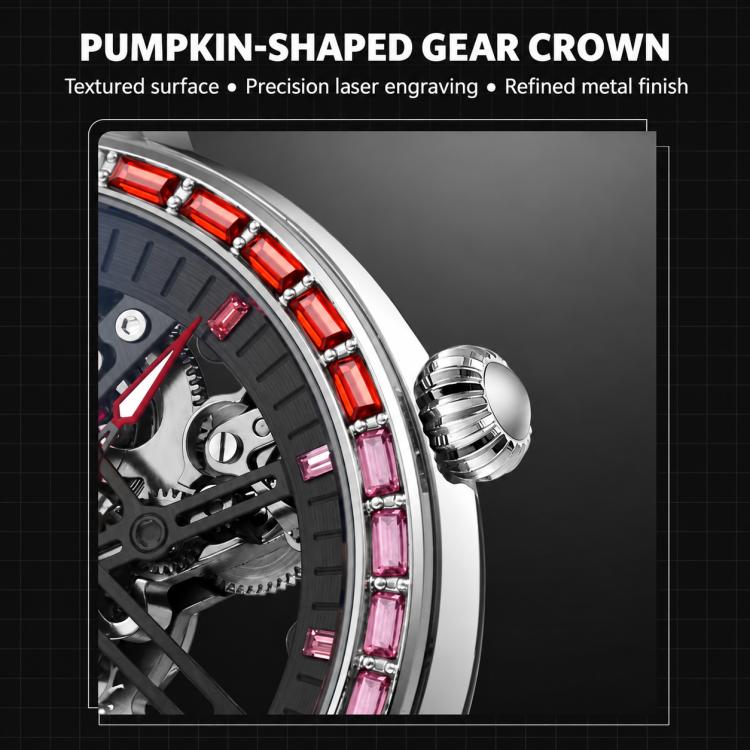 Dulunwe 6057B watch crown close-up with red bezel stones and openwork movement
