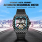 Men's automatic skeleton watch, black carbon-fiber case and luminous hands