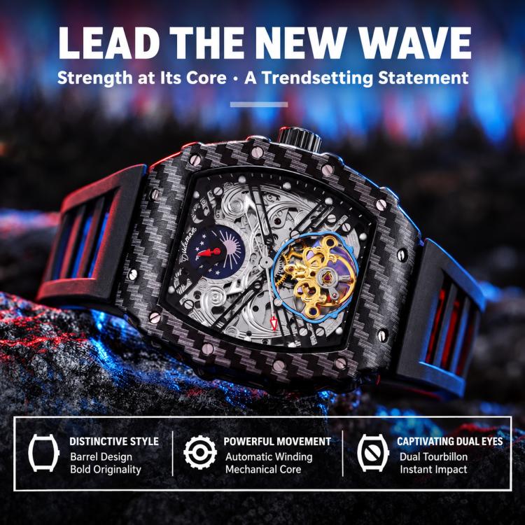 Men's automatic skeleton watch with black carbon-fiber case and blue and gold details