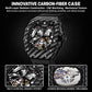 Men's skeleton watch with black carbon-fiber case and open caseback view