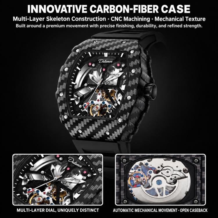 Men's skeleton watch with black carbon-fiber case and open caseback view
