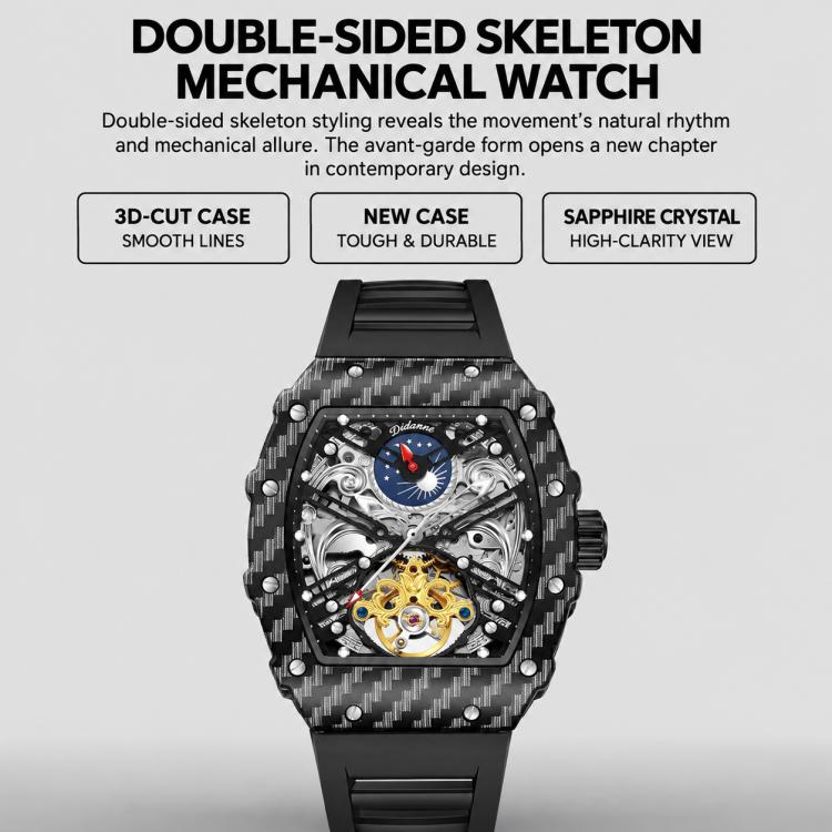 Men's double-sided skeleton mechanical watch with black carbon-fiber case