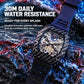 Men's automatic skeleton watch with black carbon-fiber case and blue strap accents