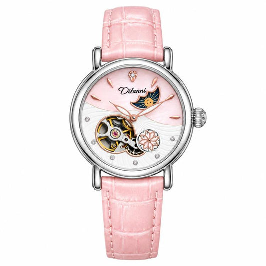 Women’s automatic mechanical watch with pink leather strap and silver round moon-and-stars dial