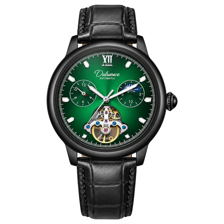 Men's automatic mechanical watch with green dial and black leather strap