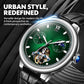 Men's automatic mechanical watch with green dial and black leather strap on wrist