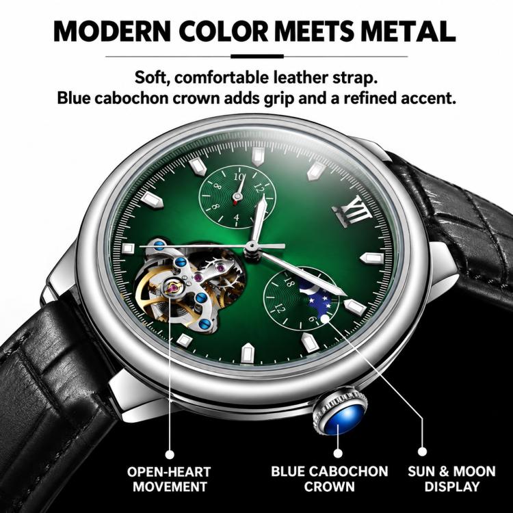 Men's automatic mechanical watch with green open-heart dial and black leather strap