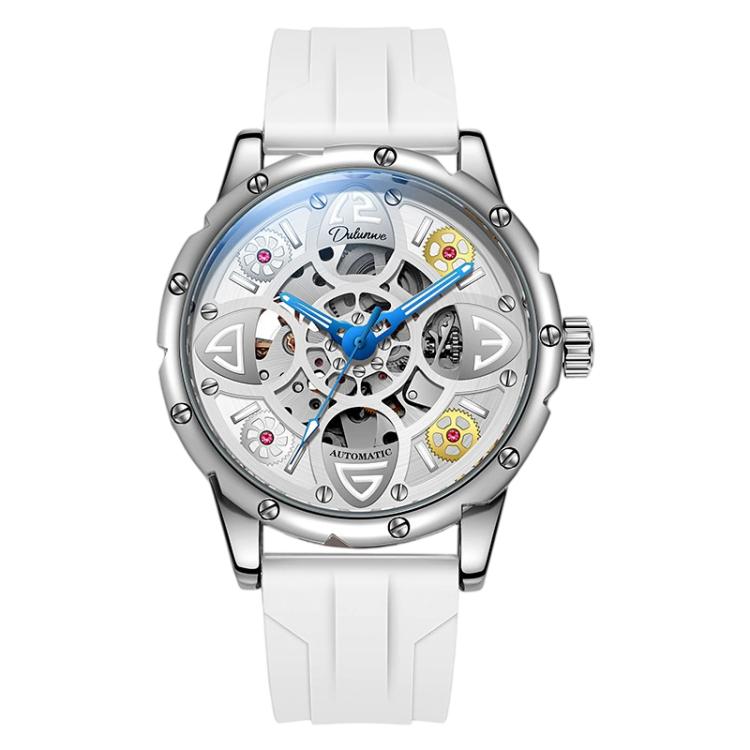 Clover-shaped skeleton automatic mechanical watch with white silicone strap, silver case
