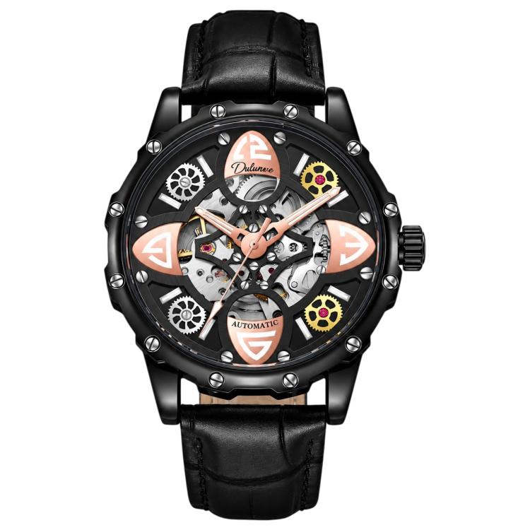 Clover-shaped skeleton automatic mechanical watch with black leather strap, black case