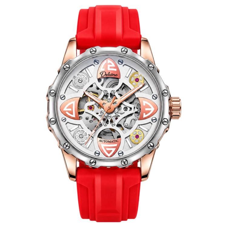 Automatic skeleton mechanical watch with red silicone strap and rose-gold accents