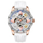 Automatic skeleton mechanical watch with white silicone strap and silver metal case