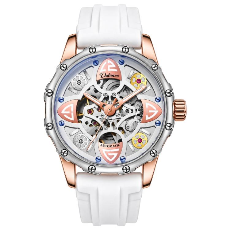 Automatic skeleton mechanical watch with white silicone strap and silver metal case