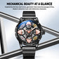 Automatic skeleton watch with black silicone strap and dark dial with visible gears
