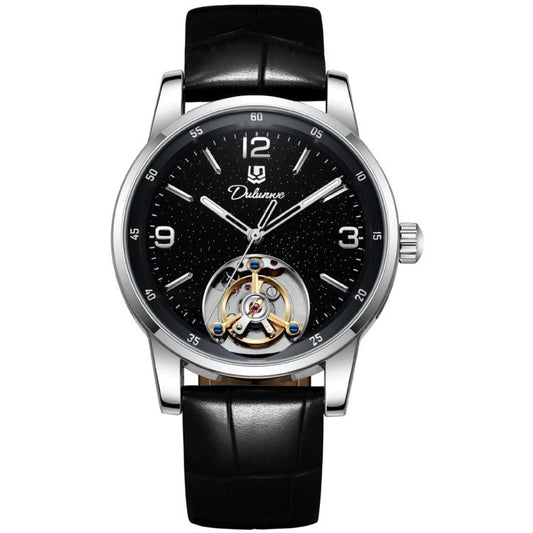 Men's automatic mechanical watch with black leather strap and black dial, open-heart movement