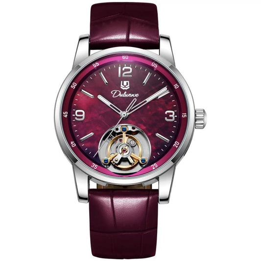 Men's automatic mechanical watch with burgundy leather strap and maroon dial, open-heart movement