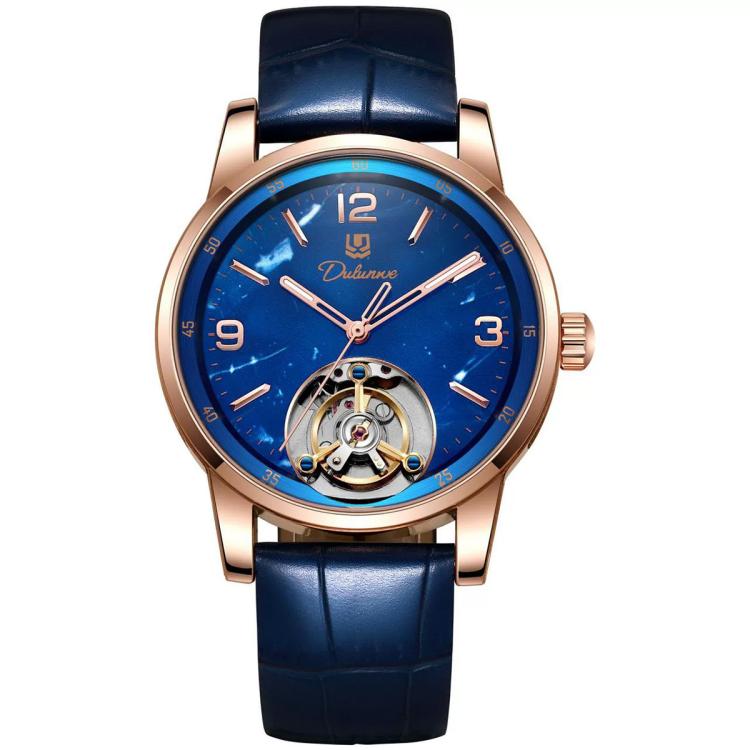 Men's automatic mechanical watch with rose-gold case, blue leather strap, blue dial, open-heart