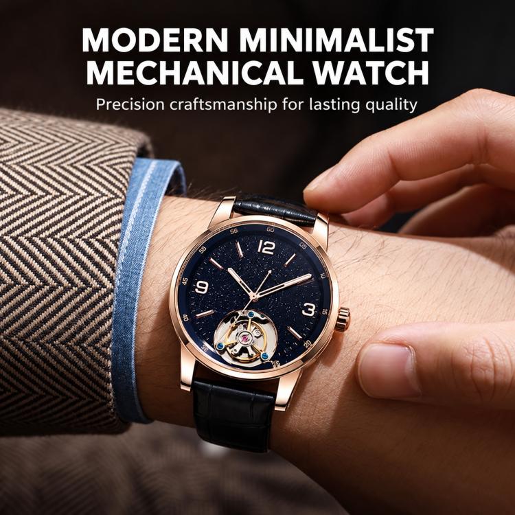 Men's automatic mechanical watch on wrist with rose-gold case, blue leather strap, dark dial