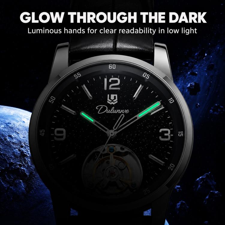 Men's automatic mechanical watch with black dial, luminous green hands, black leather strap