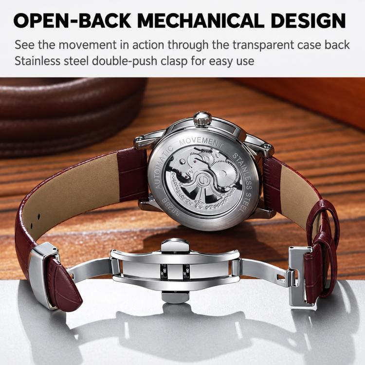Men's automatic mechanical watch with open back, visible movement, burgundy leather strap