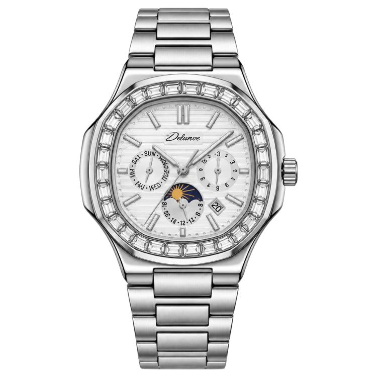 Men's diamond-look nautilus automatic watch, white dial, silver steel bracelet