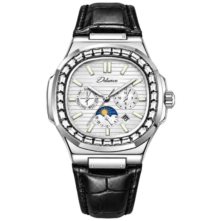 Men's diamond-look nautilus automatic watch, white dial, black leather strap