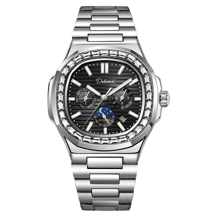 Men's diamond-look nautilus automatic watch, black dial, silver steel bracelet