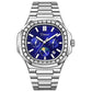 Men's diamond-look nautilus automatic watch, blue dial, silver steel bracelet