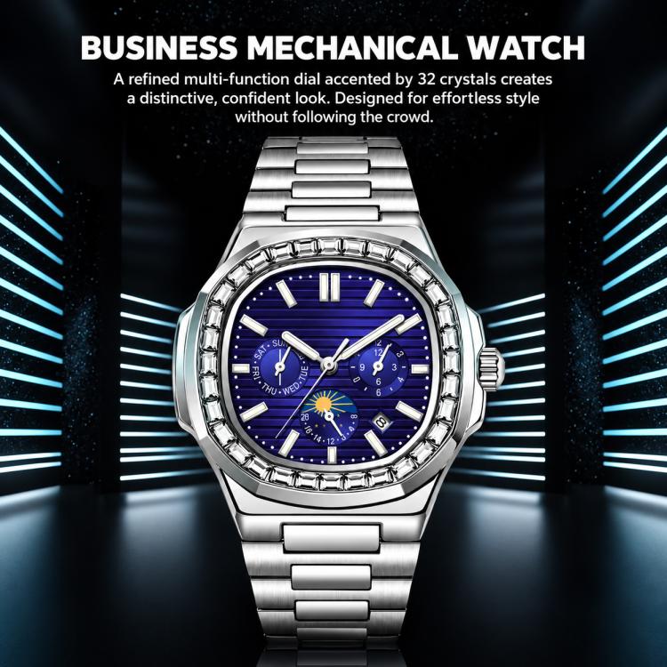 Men's diamond-look nautilus automatic watch, blue dial, silver steel bracelet