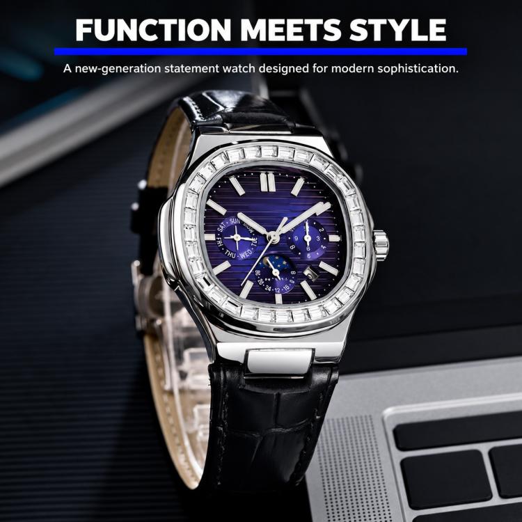 Men's diamond-look nautilus automatic watch, blue dial, black leather strap