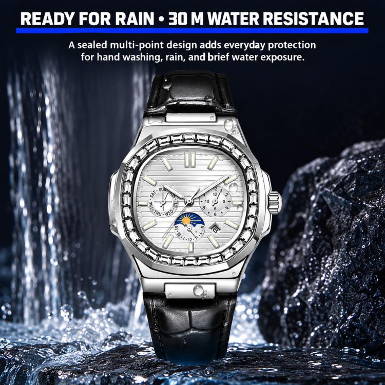Dulunwe diamond-set Nautilus men's automatic watch with white dial and black leather strap