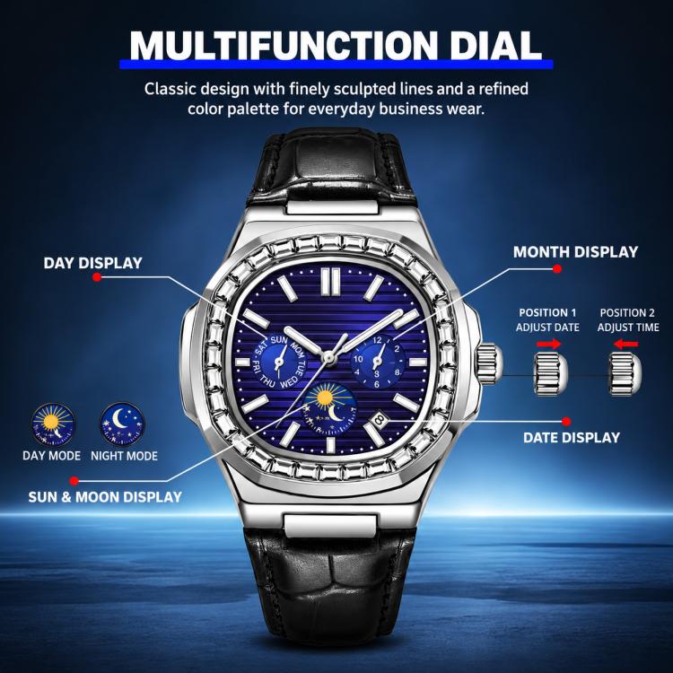 Dulunwe diamond-set Nautilus men's automatic watch with blue dial and black leather strap