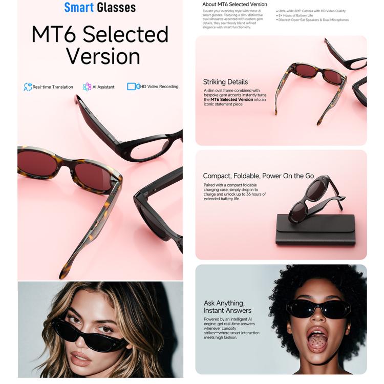 MT6 Cat Eye Smart Glasses with Folding Charging Case, AI Camera Eyewear with Voice Assistant, Translation, Photo and Video Recording, Sunglasses, Anti Blue Light Lens, Tortoise