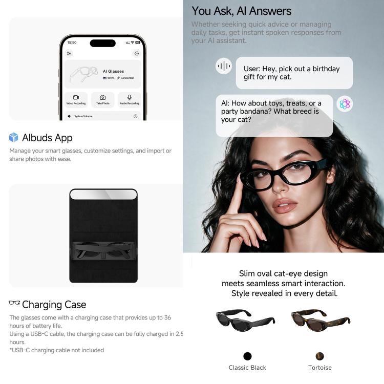 MT6 Cat Eye Smart Glasses with Folding Charging Case, AI Camera Eyewear with Voice Assistant, Translation, Photo and Video Recording, Sunglasses, Anti Blue Light Lens, Tortoise